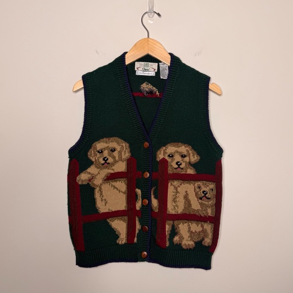 Vintage Hand-Embroidered Dog Sweater Vest Button Front Knit Cottagecore Grandpa - Picture 5 of 15